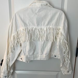 White Denim Cropped Fringe Jacket
